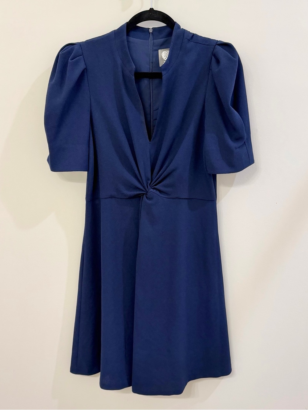 Vince Camuto Puff Sleeve Navy Twist-Front Fit Flare Dress
